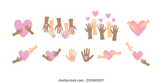 International Day Of Charity Illustrations Set. Simple Decorative Elements To Indicate Charity And Help - Hands With Hearts. Flat Icons For Charitable Foundations And Events, For Organizing Donations.