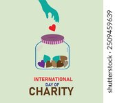 International day of charity on 5th September post illustration with a hand throwing heart in a jar. World charity day celebration post design vector illustration. 