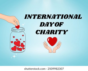 International day of Charity Poster in sky blue gradient background with a jar filled with hearts, Donation concept.