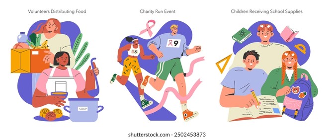 International Day of Charity set. Illustration of food distribution, charity run, and kids with school supplies. Acts of compassion and community support. Vector illustration.