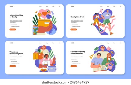 International Day of Charity set. Scenes depict donation, charity run, food distribution, and school supplies for children. Acts of kindness and community support. Vector illustration.