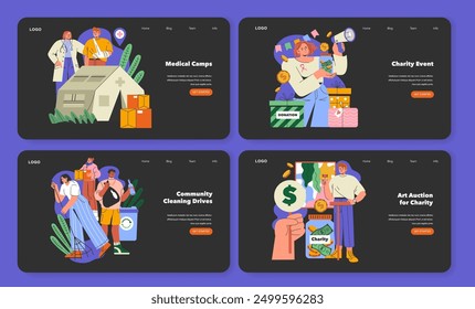 International Day of Charity set. Web pages showing diverse charity initiatives like medical camps, events, and auctions. Promote philanthropy and social betterment. Vector illustration.