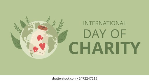 International day of charity template. Text with planet Earth and donation box background. Vector illustration.