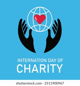 international day of charity .There is a heart between two hands .worl.in blue background .art and illustrator