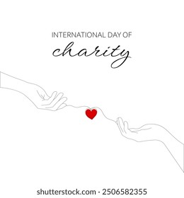 International Day of Charity. Two hands and a red heart. Line art, one line. Hand drawn Vector illustration