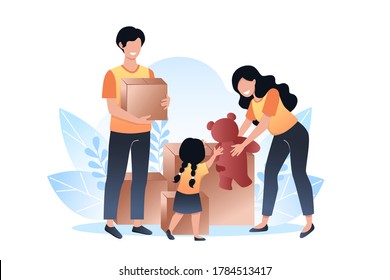 International day of charity. A woman gives a teddy bear to a child. Young man holding a box for charity. Vector illustration in flat style