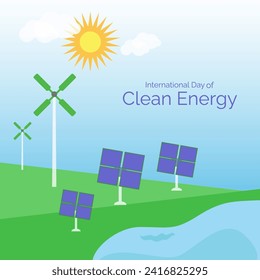 International Day of Clean Energy vector, illustration. Solar power and windmills. 26 January.