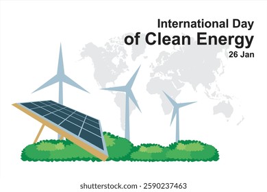 International Day of Clean Energy. Vector panel converts sunlight into electrical power. Illustration of electric fuel from nature without damaging the environment