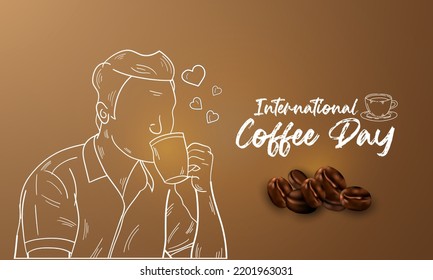 international day of coffee background with hand drawn and realistic llustration