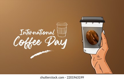 international day of coffee background with hand drawn and realistic llustration