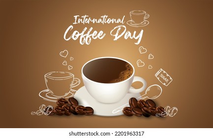 international day of coffee background with hand drawn and realistic llustration