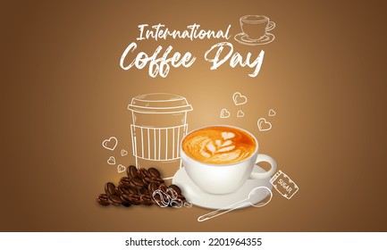 international day of coffee background with hand drawn and realistic llustration