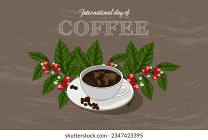 international day of coffee background with coffee leaves and realistic llustration