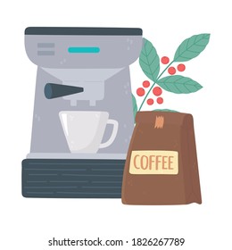 día internacional del café, taza de embalaje de máquina y rama con semilla ilustración vectorial