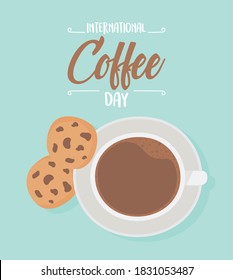 international day of coffee, top view cup and cookies vector illustration