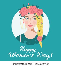 International Women’s Day concept. Beautiful blonde girl with a pigtail and a wreath of roses. 8 March card. Design for banners, posts, flyers ets. Vector illustration.