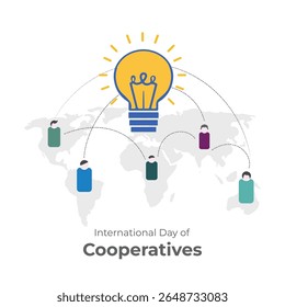 Vetor Dia Internacional das Cooperativas, ilustração. 6 de julho. Ícone de pessoas no mapa-múndi mostrando troca de ideias e cooperação.