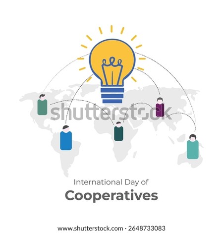 International Day of Cooperatives vector, illustration. July 6. People icon on world map showing exchange of ideas and cooperation.