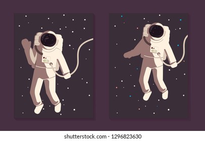 International Day of Cosmonautics. April 12. Vector illustration astronaut in open space waving his hand for a postcard, poster, flyer. To the moon and back.