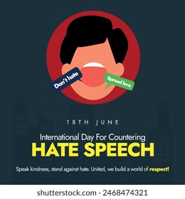 International day for countering hate speech. 18th June countering hate speech awareness banner with a man opening mouth to say something. Education as a preventive tool to raise awareness for unity.