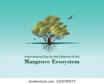 International Day for the Defense of the Mangrove Ecosystem.July 26.Mangrove on blue-green background and bird silhouette.