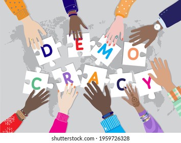 International Day For Democracy 15 September Vector Banner. Diverse Hands Male, Female Together Holding Puzzle Pieces With Letters DEMOCRACY. Top View Table, Multicultural,  Multiracial People Palms 