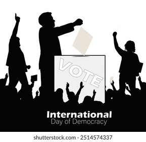 Em`Dia Internacional da Democracia. 15 de setembro - Dia da Democracia. Pessoas segurando boletins de voto, urnas. O dia incentivando os governos a fortalecer a Democracia. Modelo, vetor, bandeira