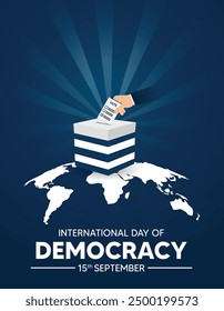 International Day of Democracy 15th September hand putting vote in ballot box on world map vector poster