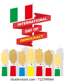 International day of democracy celebration with Italy flag and people raised hand voting background illustration for greeting, meme, poster, banner, social media posting, brochure, sticker design