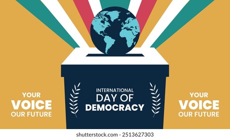 Día Internacional de la Democracia. celebración Web Anuncio con urna, papeleta de votación. El día en que se alienta a los gobiernos a fortalecer y consolidar la democracia