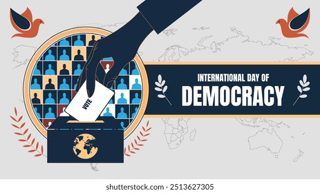 Dia Internacional da Democracia . banner de celebração web com urna, papel de voto. Dia em que se encoraja os governos a fortalecer e consolidar a democracia