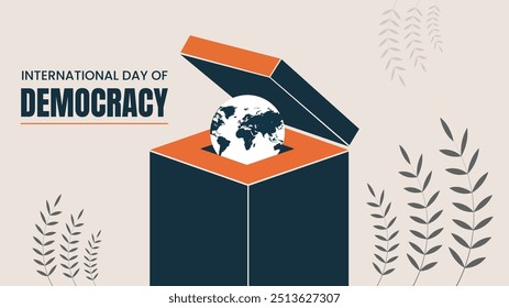 Dia Internacional da Democracia . banner de celebração web com urna, papel de voto. Dia em que se encoraja os governos a fortalecer e consolidar a democracia