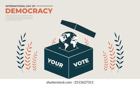 Dia Internacional da Democracia . banner de celebração web com urna, papel de voto. Dia em que se encoraja os governos a fortalecer e consolidar a democracia