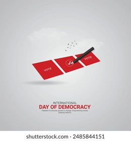 International Day of Democracy Creative Ads. hand and vote icon isolated on Template for background. Democracy Poster design, vector, 3d, illustration, Sep 15. Important day, Holiday concept.