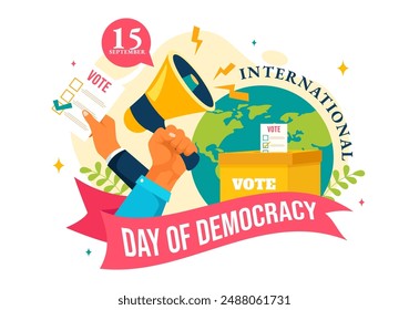 International Day of Democracy Vector Illustration on September 15 with Hands Holding Voting Papers for Resolution in a Flat Cartoon Style Background