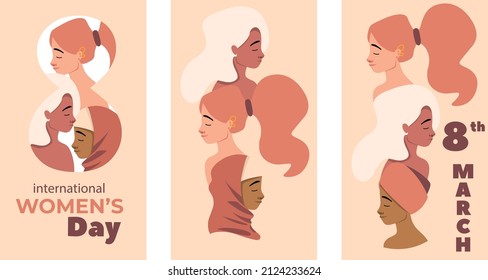 International Women’s day design concept. Vector template of female diverse faces of different ethnicity. Union of feminist or sisterhood. 