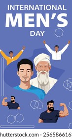 An International Men’s Day design featuring diverse men in various roles, promoting awareness, equality, and appreciation for men’s contributions