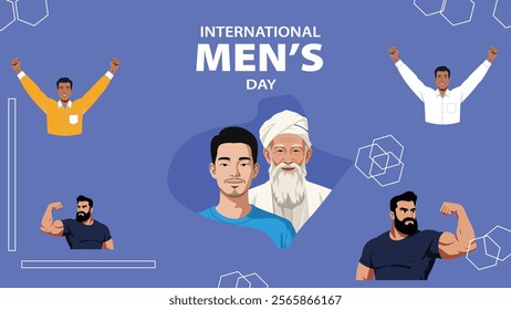 An International Men’s Day design featuring diverse men in various roles, promoting awareness, equality, and appreciation for men’s contributions