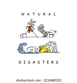 International day of Disaster Risk Reduction line art vector graphic. Natural hazards like volcano, floods, tornado and fire. Deadly events. Impact of disasters and their management continuous lineart