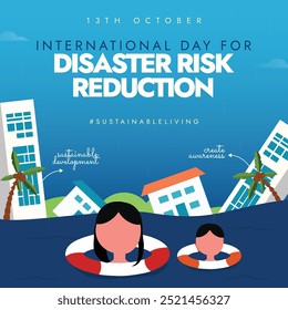 Día Internacional para la Reducción del Riesgo de Desastres. 13 de octubre Día de reducción del riesgo de desastres Anuncio con personas ahogadas, edificios colapsados. El día concienciará para reducir la exposición a los peligros naturales.