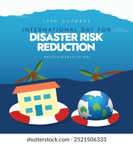 Día Internacional para la Reducción del Riesgo de Desastres 13 de octubre Anuncio conceptual. Anuncio conceptual para la reducción del riesgo de desastres con globo terráqueo, ícono de la casa en el anillo salvavidas para reducir los peligros naturales.