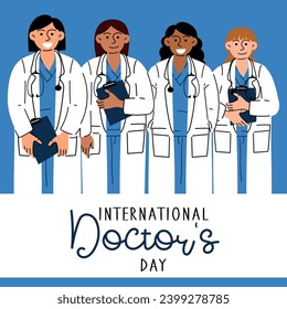International Day of Doctors. Holiday, greetings, text. Characters of different nationalities, diversity. Doctors with stethoscopes. Postcard in a flat design. Happy Doctor's Day Vector in blue shades