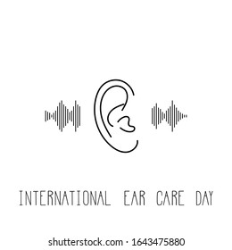 International day for ear and hearing vector illustration. Black contoured human ear and sound wave isolated on blue background. Simple health care poster. Handwritten phrase.