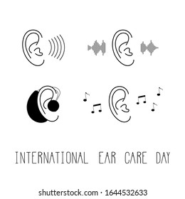 International day for ear and hearing vector illustration. Black contoured human ears isolated on white background. Sound wave, hearing aid, music notes. Simple health care poster. Handwritten phrase.