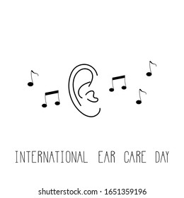 International day for ear and hearing vector illustration. Black contoured human ear and sound wave isolated on blue background. Simple health care poster. Handwritten phrase.