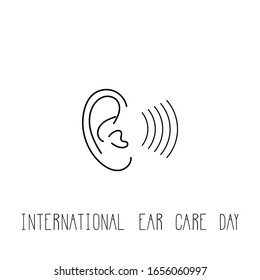 International day for ear and hearing vector illustration. Black contoured human ear and sound wave isolated on blue background. Simple health care poster. Handwritten phrase.