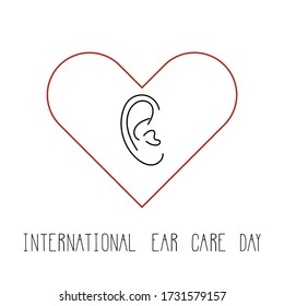 International day for ear and hearing vector illustration. Black contoured human ear and red heart isolated on blue background. Simple health care poster. Handwritten phrase.