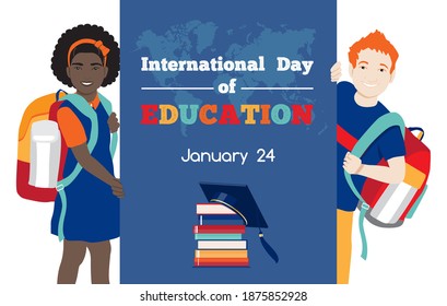 International Day of Education, 24 January vector poster. Diverse happy school kids, redhead boy and african american girl stand holding banner, stack of books, world map. Isolated at white background