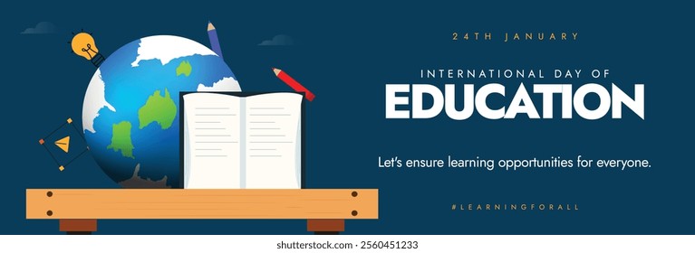 International day of education. Education awareness social media cover with books, pencil, pen, school table, earth globe and education icons. 24th January education post for everyone.