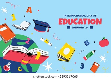 Antecedentes del Día Internacional de la Educación. Feliz Día Internacional de la Educación. 24 de enero. Plantilla de ilustración de vectores de dibujos animados para afiches, pancartas, volantes, saludo, tarjeta, mensaje, portada.